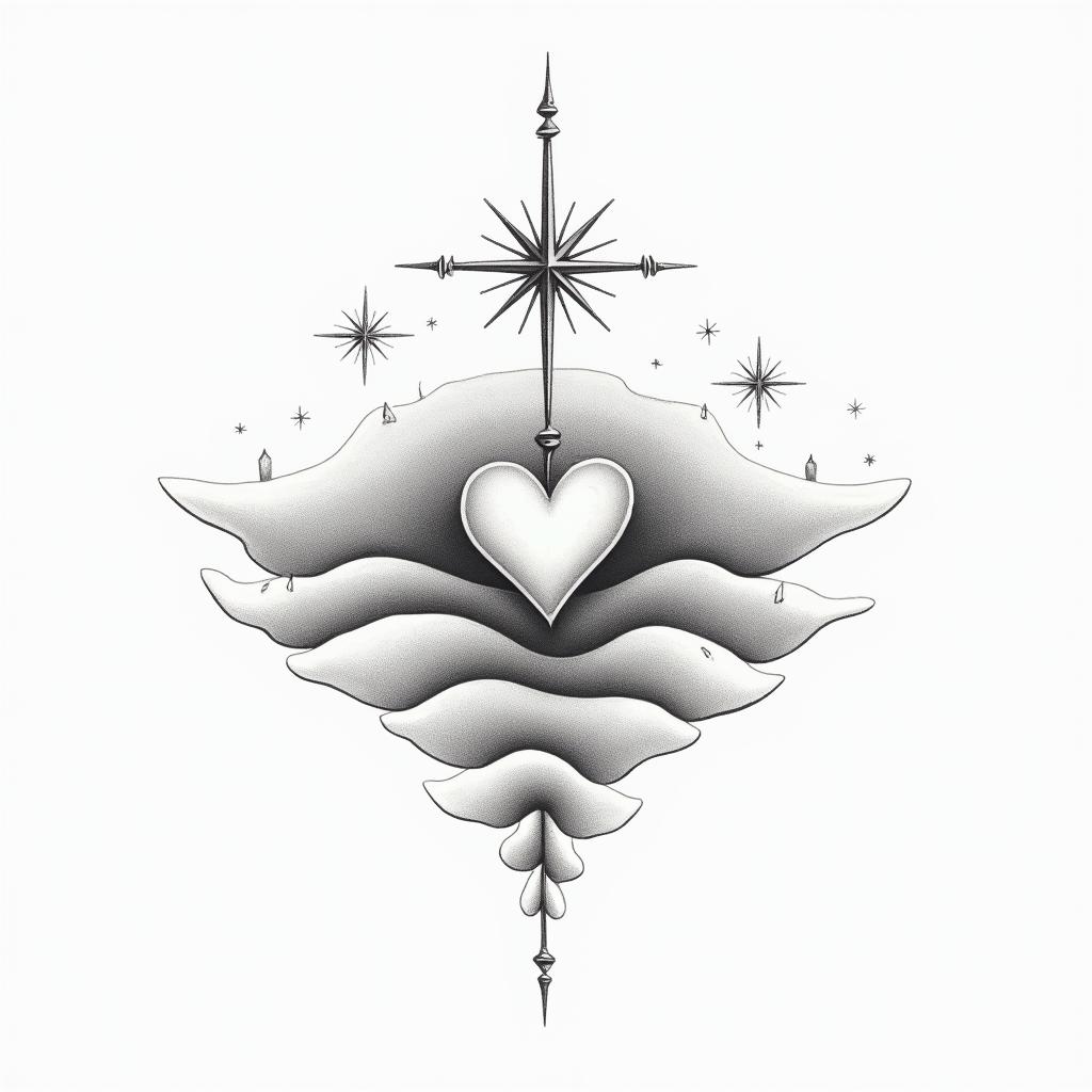 Sparkle star royalin Modest style tattoo, featuring soft, delicate line work with simple and meaningful symbols, gentle waves, a heart, evoking a sense of serenity and grace, - Variation 2