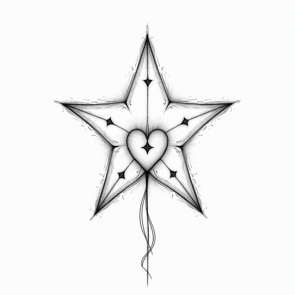Sparkle star royalin Modest style tattoo, featuring soft, delicate line work with simple and meaningful symbols, gentle waves, a heart, evoking a sense of serenity and grace, - Variation 4