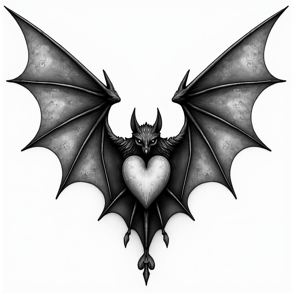 Bat wings with a heart of spadeshigly detailed tattoo