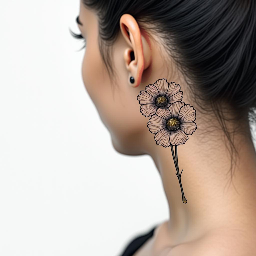 Tiny fine line behind the ear tattoo of golden poppies in different stages of bloominghigly detailed tattoo
