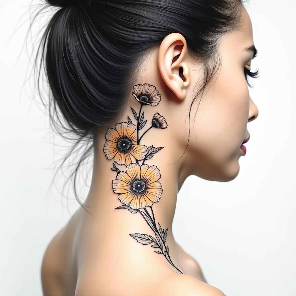 Tiny fine line behind the ear tattoo of golden poppies in different stages of bloominghigly detailed tattoo - Variation 3