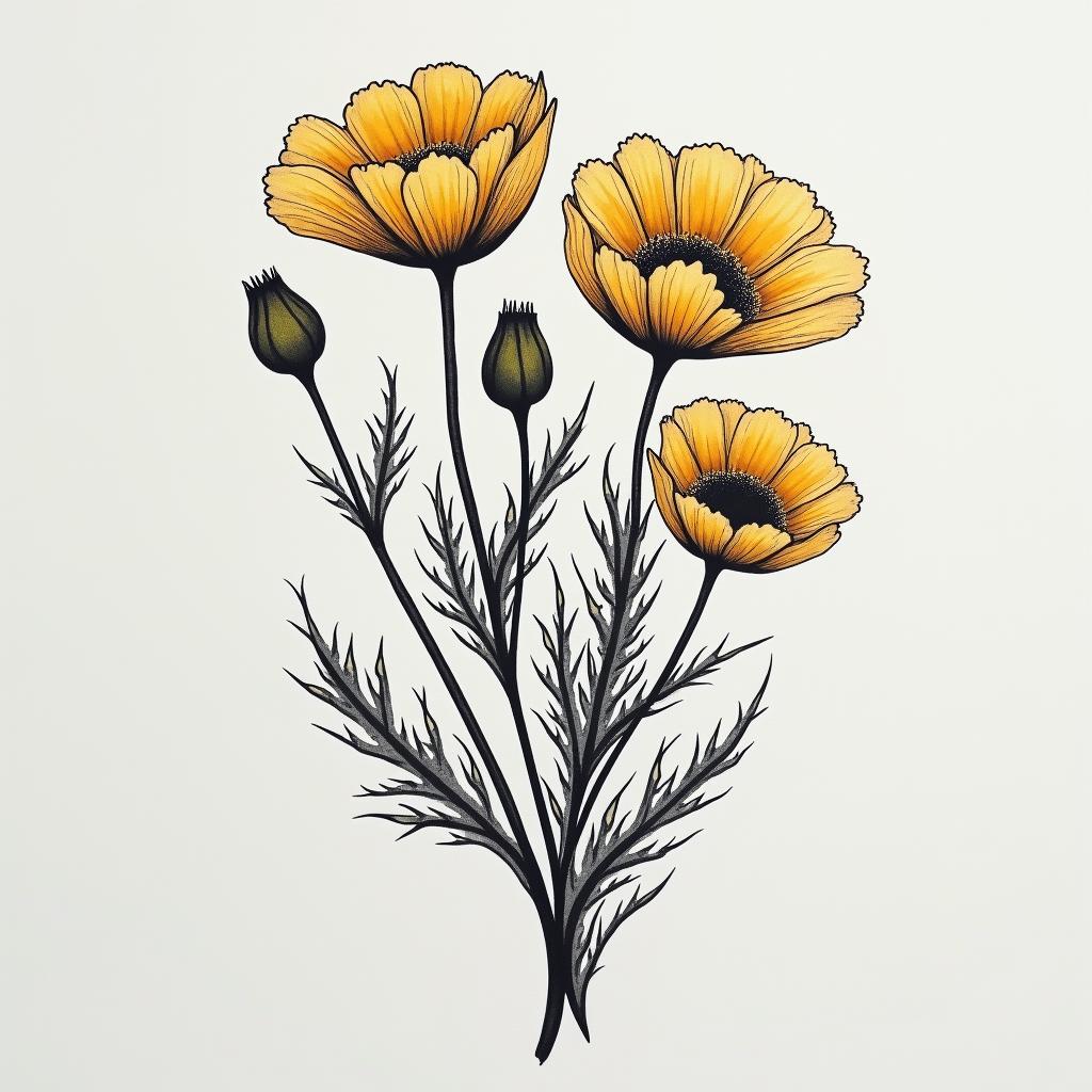 Tiny fine line behind the ear tattoo of golden poppies in different stages of bloominghigly detailed tattoo - Variation 4