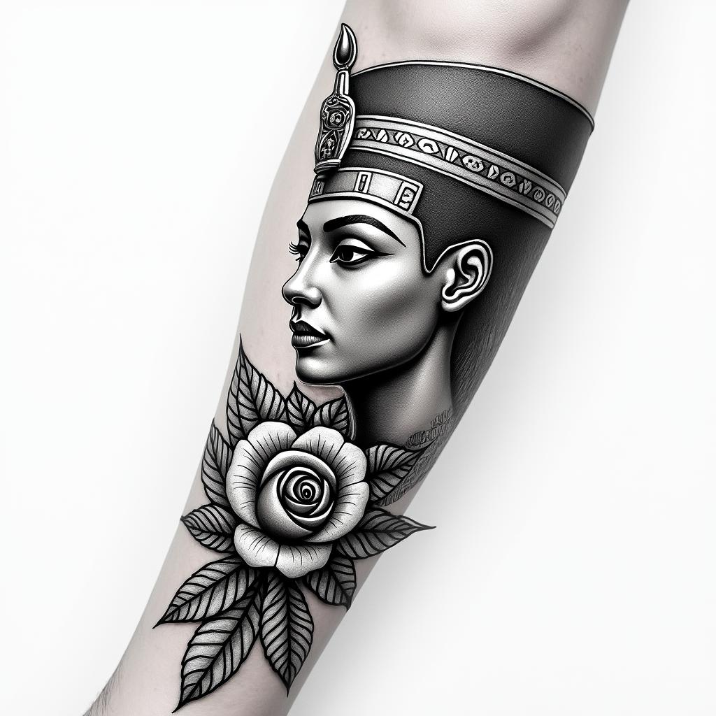 Forearm tattoo. With roses of different sizes but not too large. Fine lines.in egyptian style tattoo, bold elements of ancient egyptian culture including a portrait of an Egyptian pharaoh with detailed facial features, in hieroglyphs and symbolic imagery, eye of horus, ankh symbol, scarab beetle - Variation 3