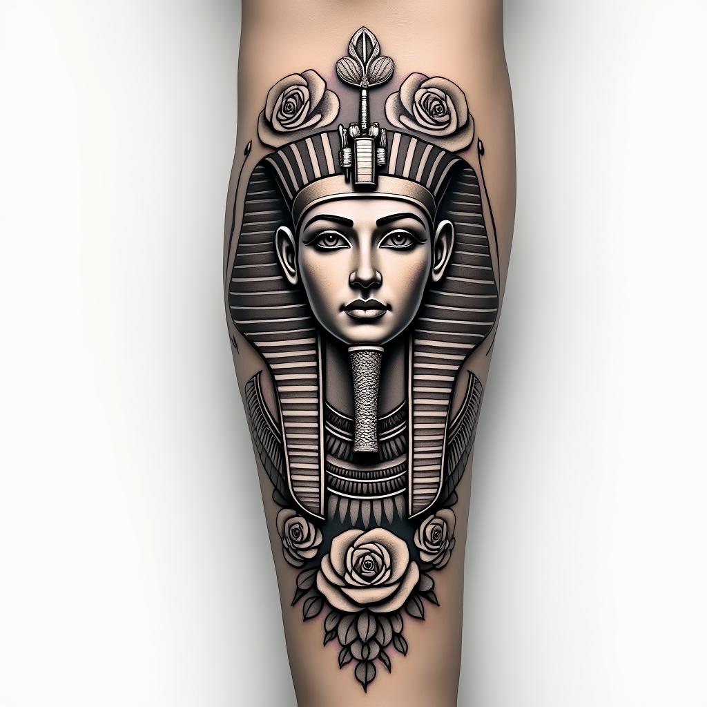 Forearm tattoo. With roses of different sizes but not too large. Fine lines.in egyptian style tattoo, bold elements of ancient egyptian culture including a portrait of an Egyptian pharaoh with detailed facial features, in hieroglyphs and symbolic imagery, eye of horus, ankh symbol, scarab beetle - Variation 2