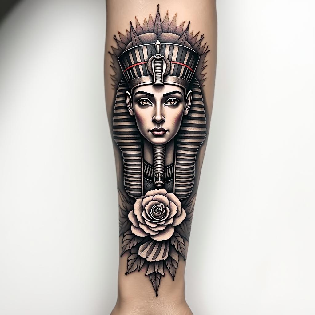 Forearm tattoo. With roses of different sizes but not too large. Fine lines.in egyptian style tattoo, bold elements of ancient egyptian culture including a portrait of an Egyptian pharaoh with detailed facial features, in hieroglyphs and symbolic imagery, eye of horus, ankh symbol, scarab beetle