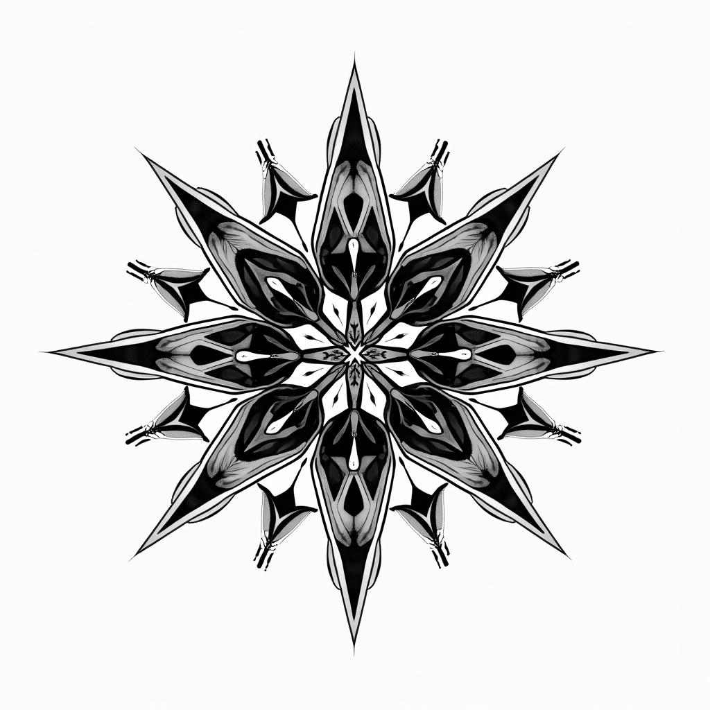 Sparkle star royalin dotwork style tattoo, complex mandala patterns, interlocking geometric shapes with sharp symmetry, clean lines, sharp angles