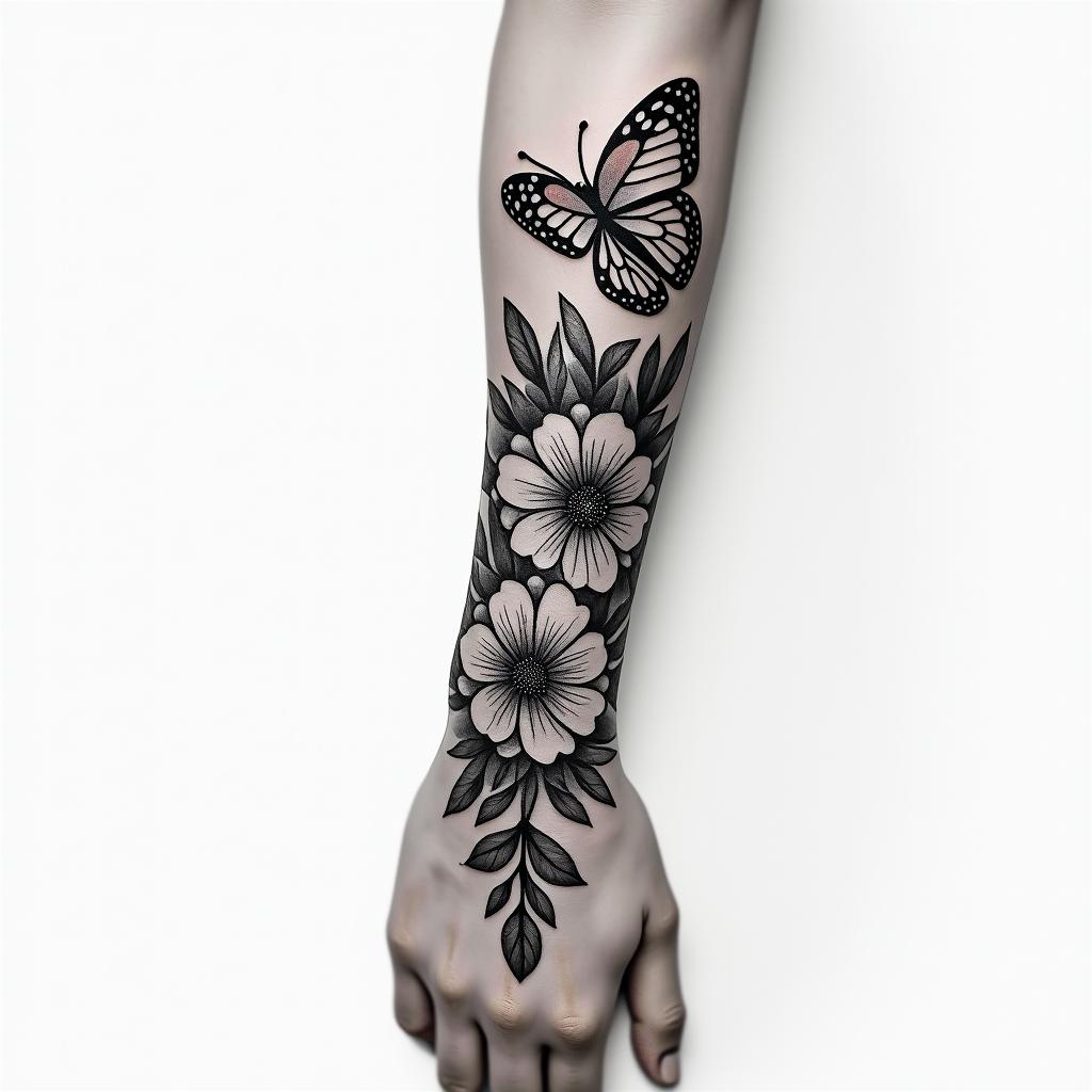 Floral wrist bracelet with butterflyhigly detailed tattoo - Variation 3