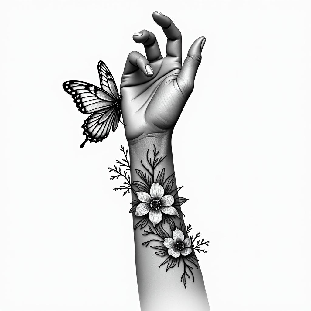 Floral wrist bracelet with butterflyhigly detailed tattoo