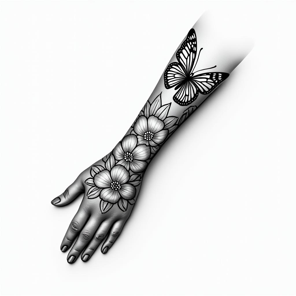 Floral wrist bracelet with butterflyhigly detailed tattoo - Variation 2