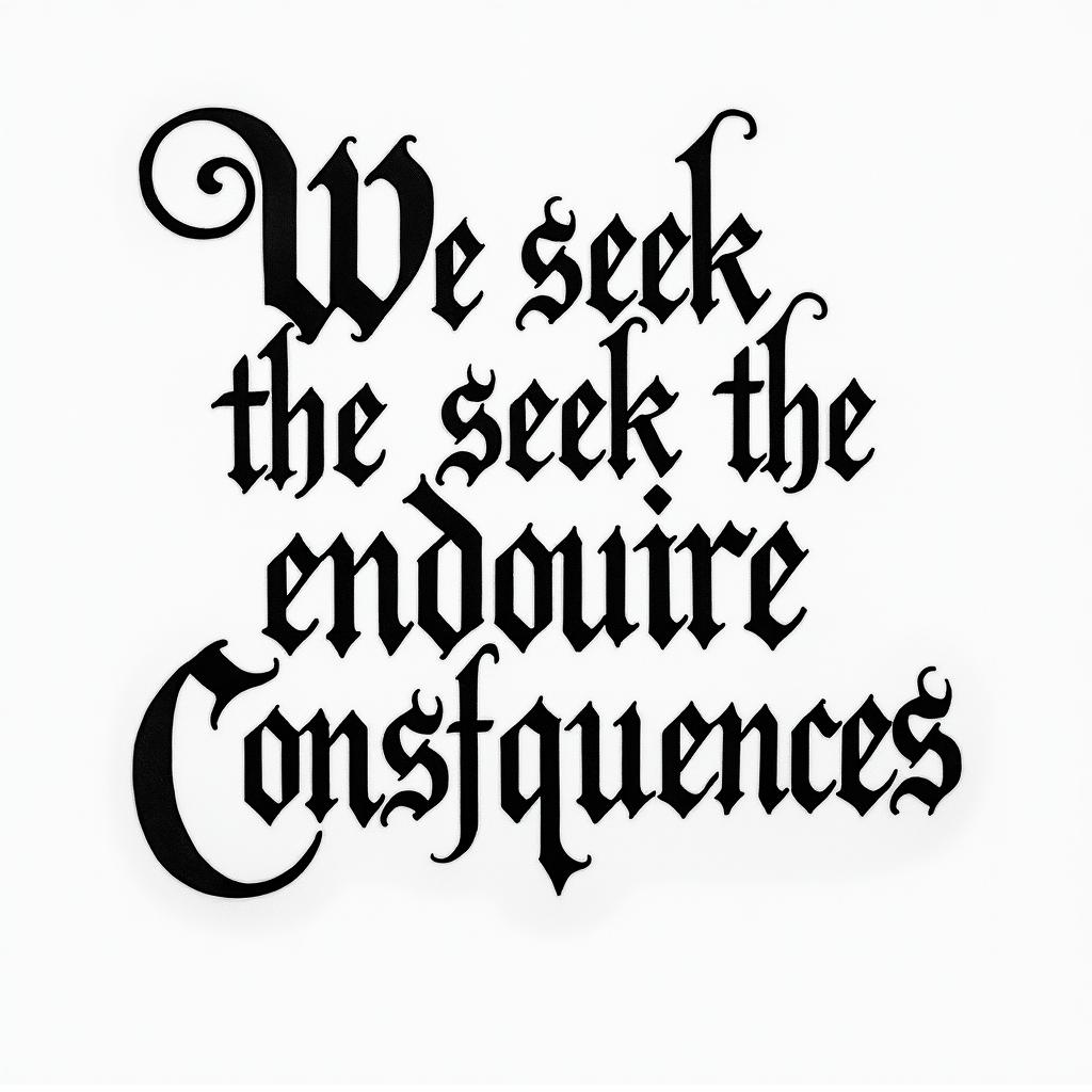 We seek the truth and endure the consequencestext-based tattoo, gothic font ultra-realistic, perfectly placed, high-quality font design, photo-realistic shading, 8k, high quality, finely detailed typography - Variation 3