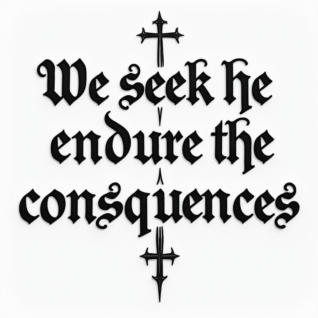 We seek the truth and endure the consequencestext-based tattoo, gothic font ultra-realistic, perfectly placed, high-quality font design, photo-realistic shading, 8k, high quality, finely detailed typography