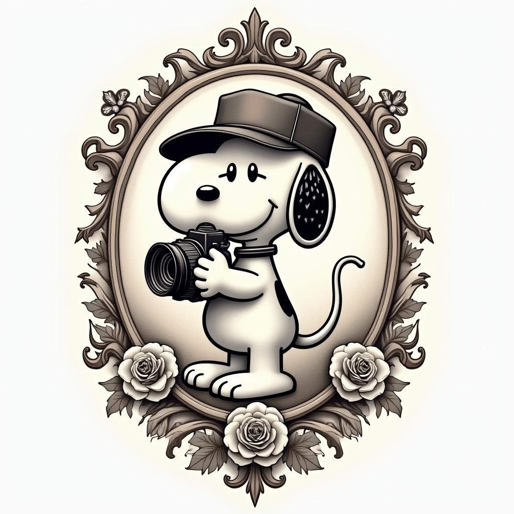 Snoopy wearing cap backwards holding camerain victorian style tattoo, featuring vintage and elegant elements, ornate frames, roses, antique, sepia-toned color scheme - Variation 1