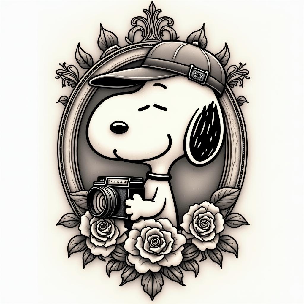 Snoopy wearing cap backwards holding camerain victorian style tattoo, featuring vintage and elegant elements, ornate frames, roses, antique, sepia-toned color scheme - Variation 3
