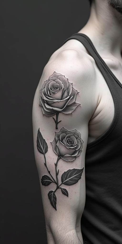 Two rosesin Modest style tattoo, featuring soft, delicate line work with simple and meaningful symbols, gentle waves, a heart, evoking a sense of serenity and grace, - Variation 4