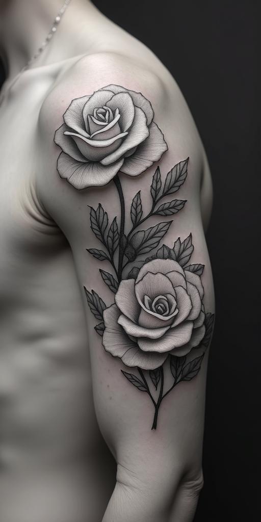 Two rosesin Modest style tattoo, featuring soft, delicate line work with simple and meaningful symbols, gentle waves, a heart, evoking a sense of serenity and grace, - Variation 2