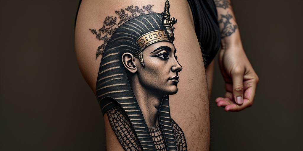 Renaissance paintingin egyptian style tattoo, bold elements of ancient egyptian culture including a portrait of an Egyptian pharaoh with detailed facial features, in hieroglyphs and symbolic imagery, eye of horus, ankh symbol, scarab beetle - Variation 4