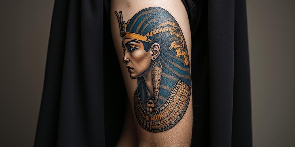 Renaissance paintingin egyptian style tattoo, bold elements of ancient egyptian culture including a portrait of an Egyptian pharaoh with detailed facial features, in hieroglyphs and symbolic imagery, eye of horus, ankh symbol, scarab beetle