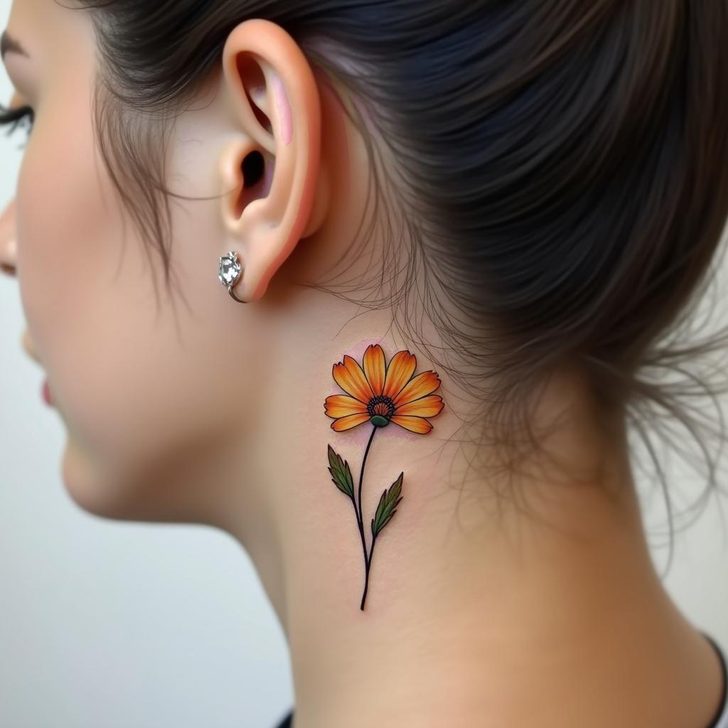 Delicate behind the ear tattoo featuring tiny golden poppies in bloom.undefined - Variation 1