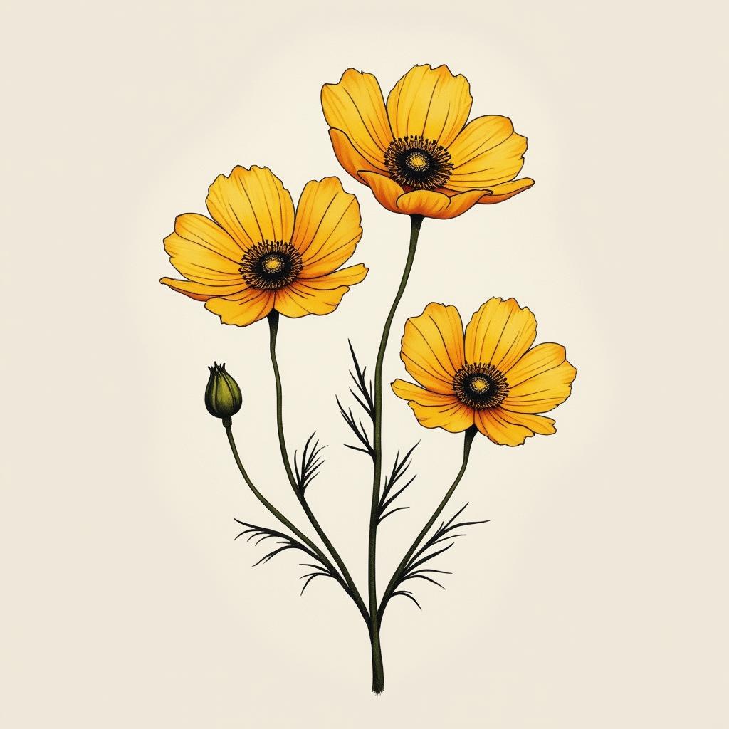 Minimalist fine line tattoo design of golden poppies at different bloom stages, located behind the ear.undefined