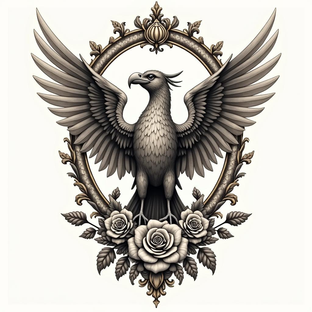 Griffin birdin victorian style tattoo, featuring vintage and elegant elements, ornate frames, roses, antique, sepia-toned color scheme - Variation 1