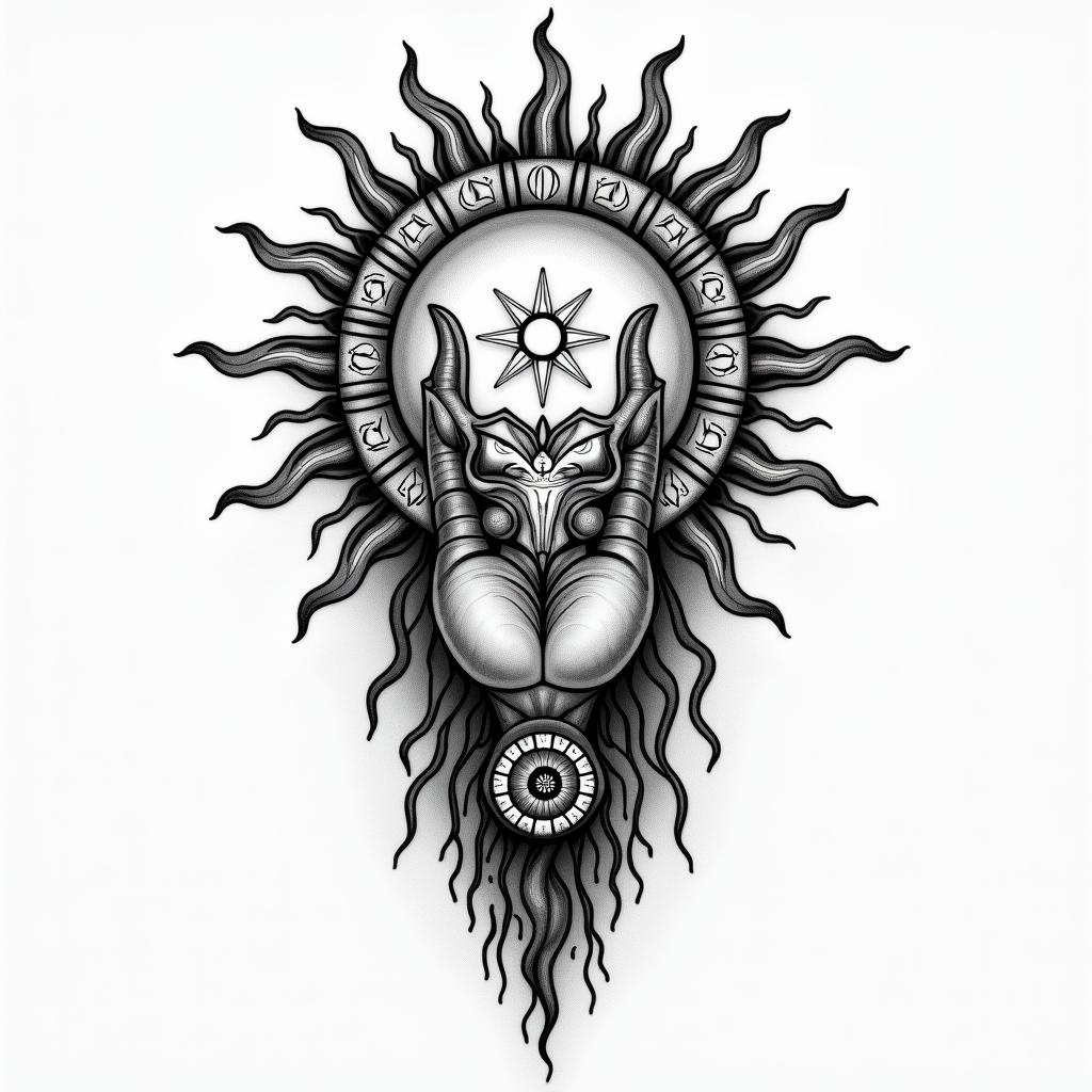 a sleeve tattoo with a hamsa hand and a flaming sun with zodiac water signshigly detailed tattoo - Variation 2