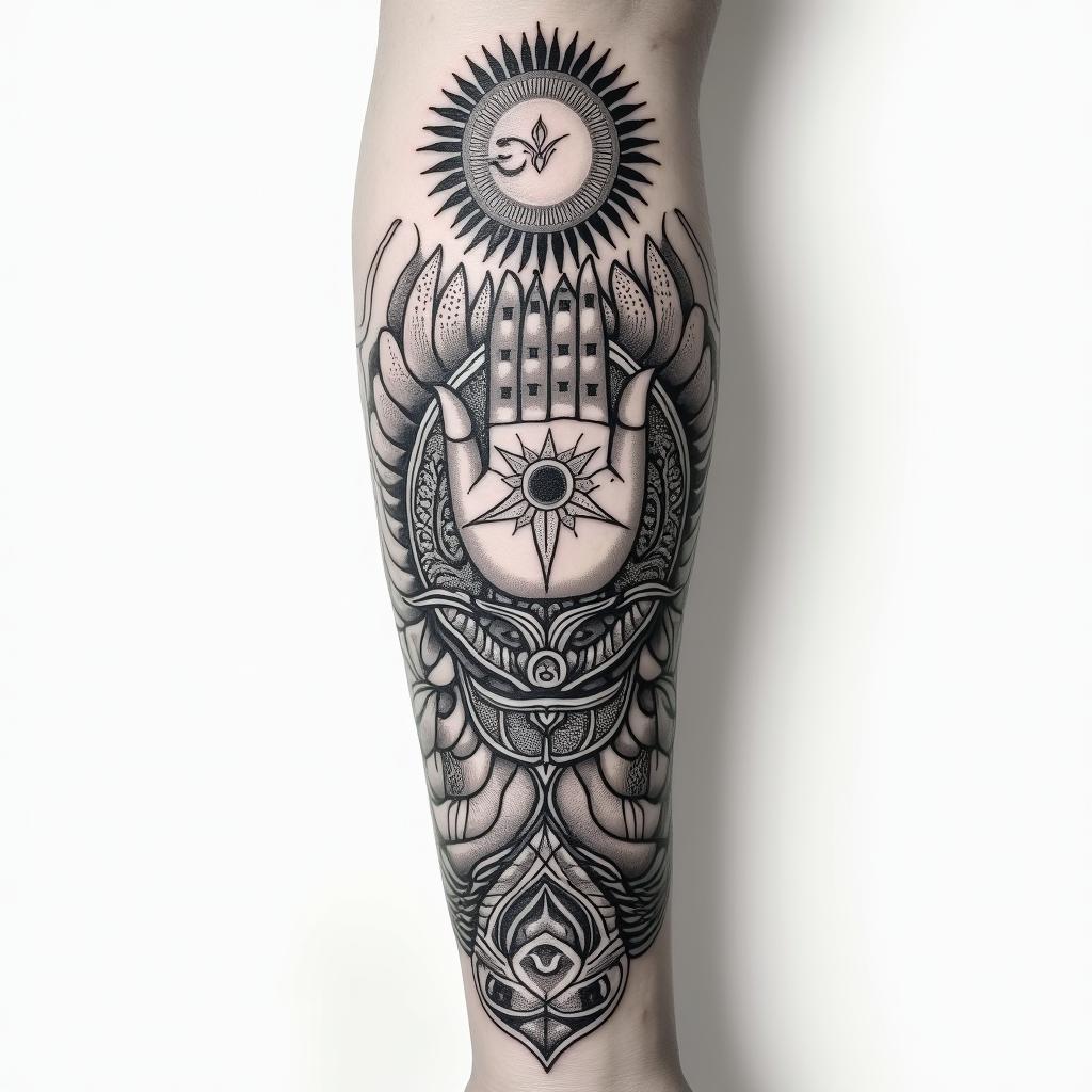 a sleeve tattoo with a hamsa hand and a flaming sun with zodiac water signshigly detailed tattoo - Variation 3
