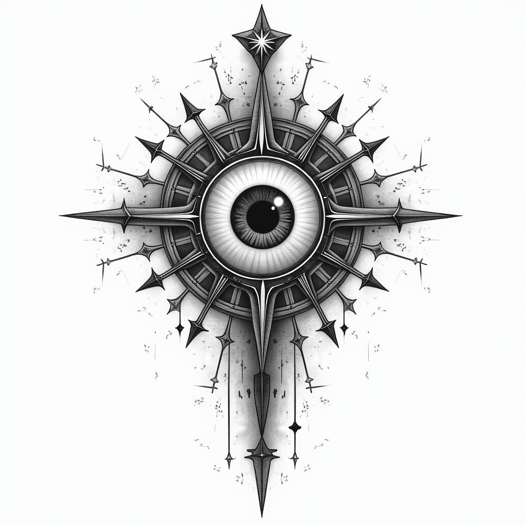 We seek the truth and endure the consequencesin prophecy tattoo style, featuring mystical symbols, celestial imagery like stars, moons, suns, geometric patterns, foretelling elements, an eye of wisdom - Variation 4