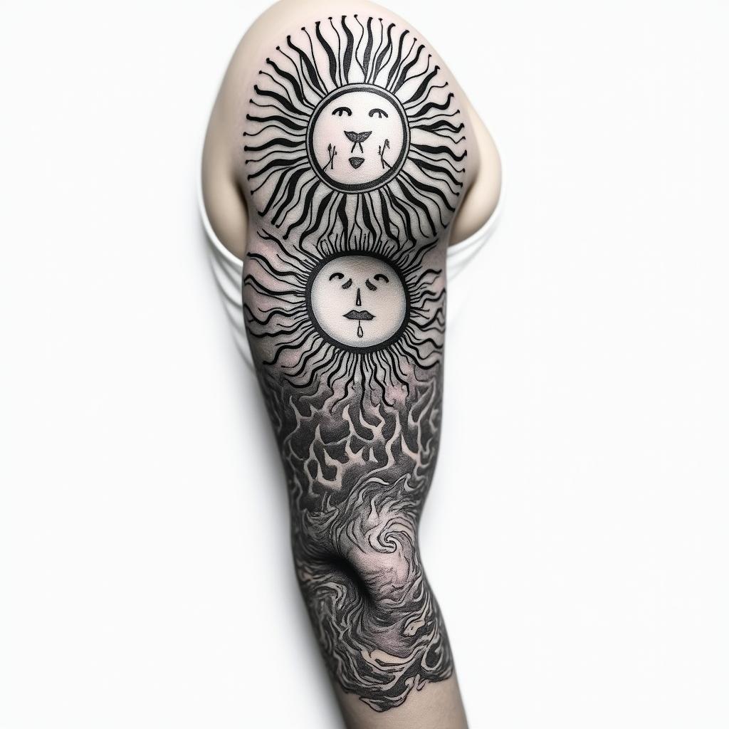 a sleeve tattoo with a hamsa hand and a flaming sun with zodiac water signshigly detailed tattoo - Variation 4