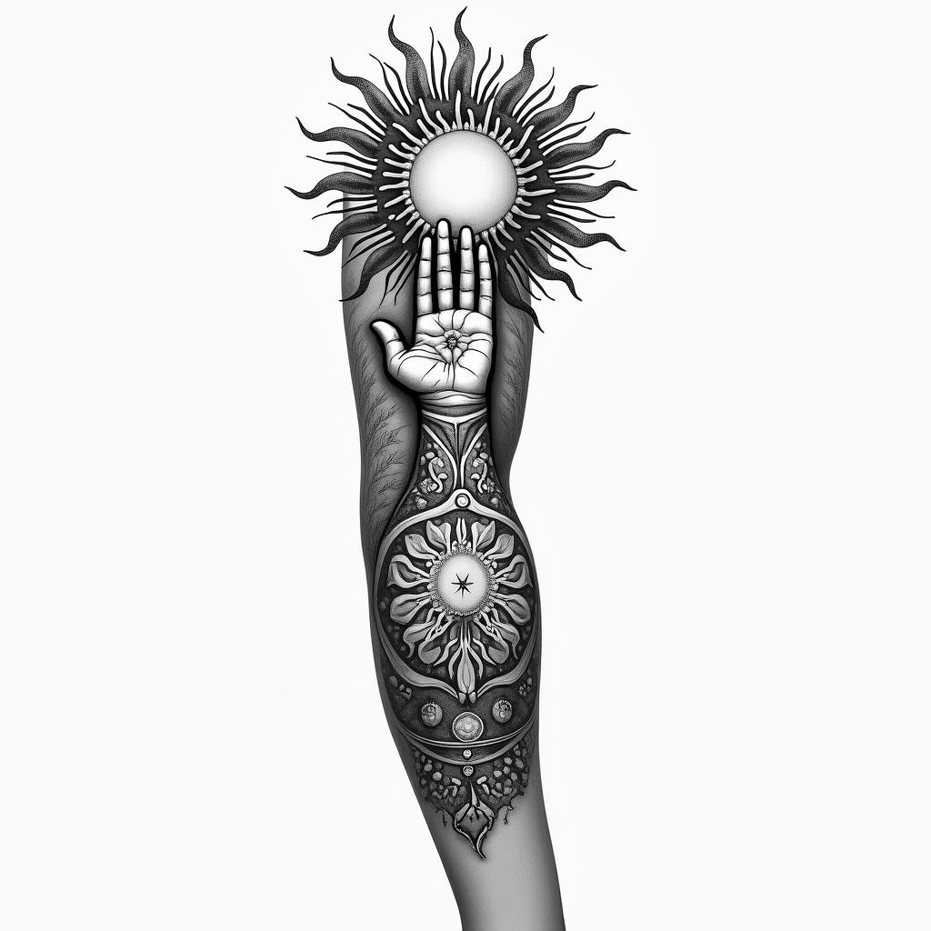 a sleeve tattoo with a hamsa hand and a flaming sun with zodiac water signshigly detailed tattoo