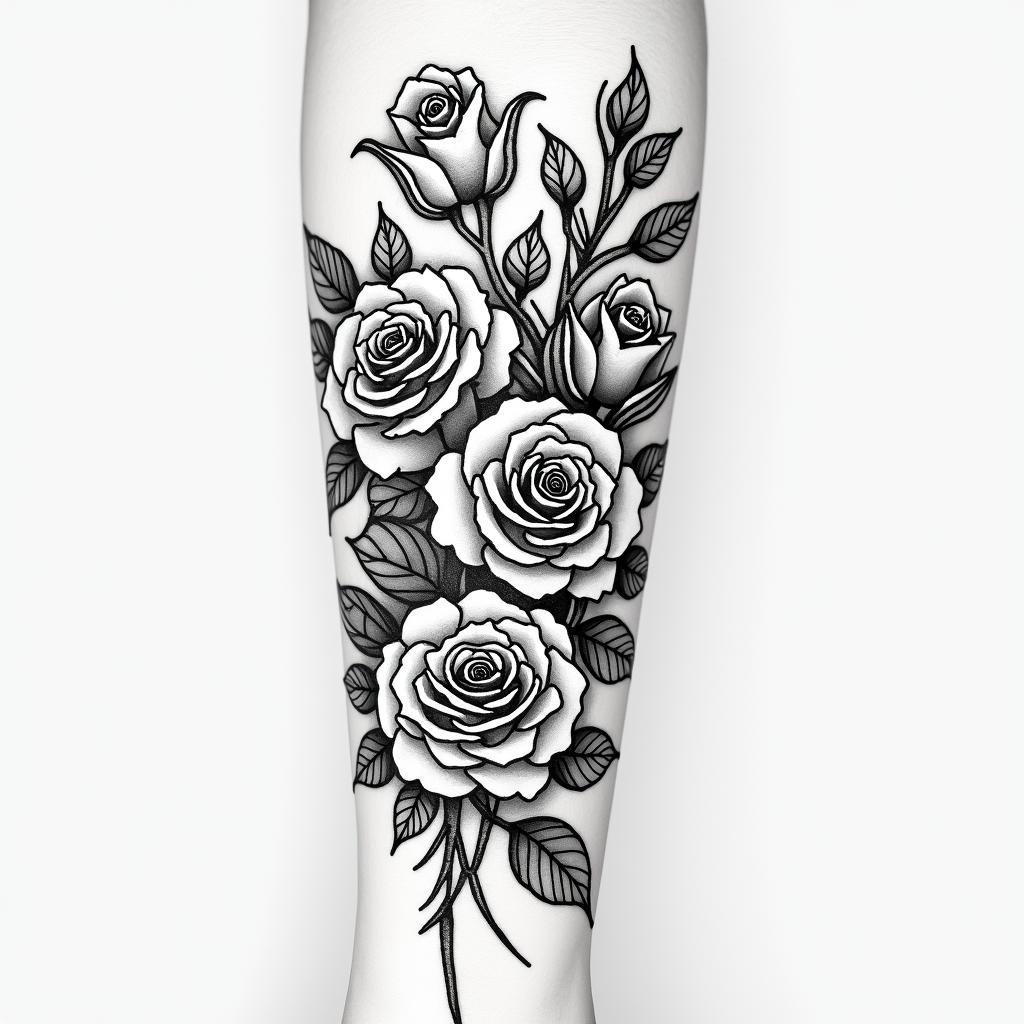 Forearm tattoo. With roses of different sizes but not too large. Fine lines.in bohemian style tattoo, 8k - Variation 4