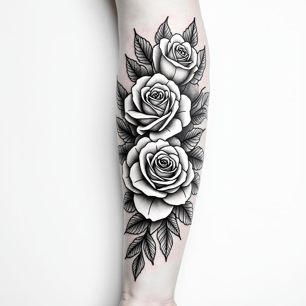 Forearm tattoo. With roses of different sizes but not too large. Fine lines.in bohemian style tattoo, 8k - Variation 3