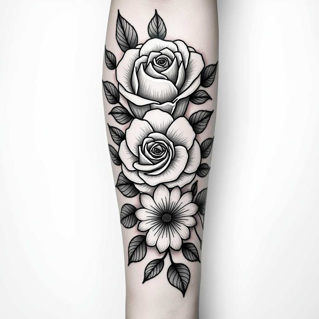 Forearm tattoo. With roses of different sizes but not too large. Fine lines.in bohemian style tattoo, 8k - Variation 2