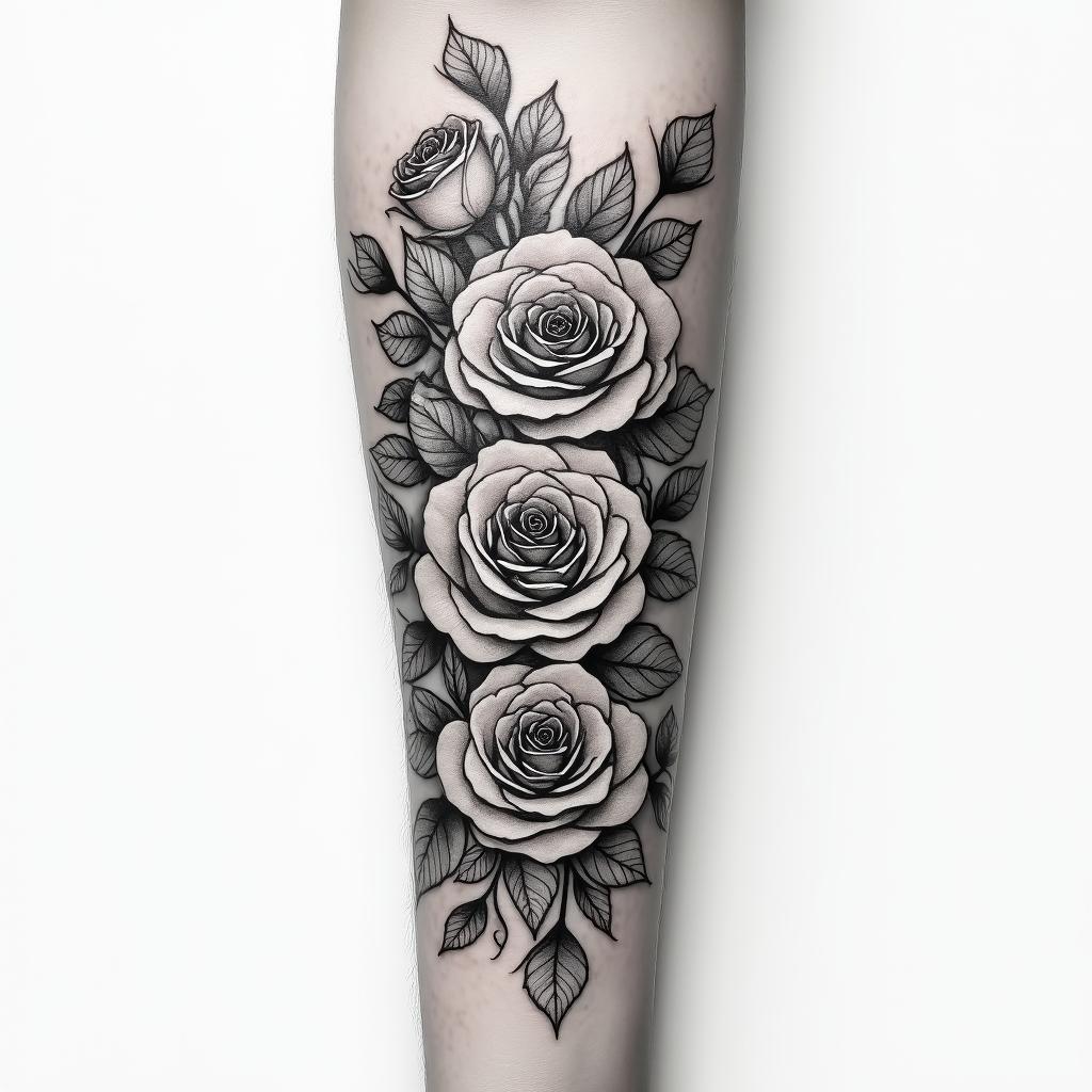 Forearm tattoo. With roses of different sizes but not too large. Fine lines.in bohemian style tattoo, 8k