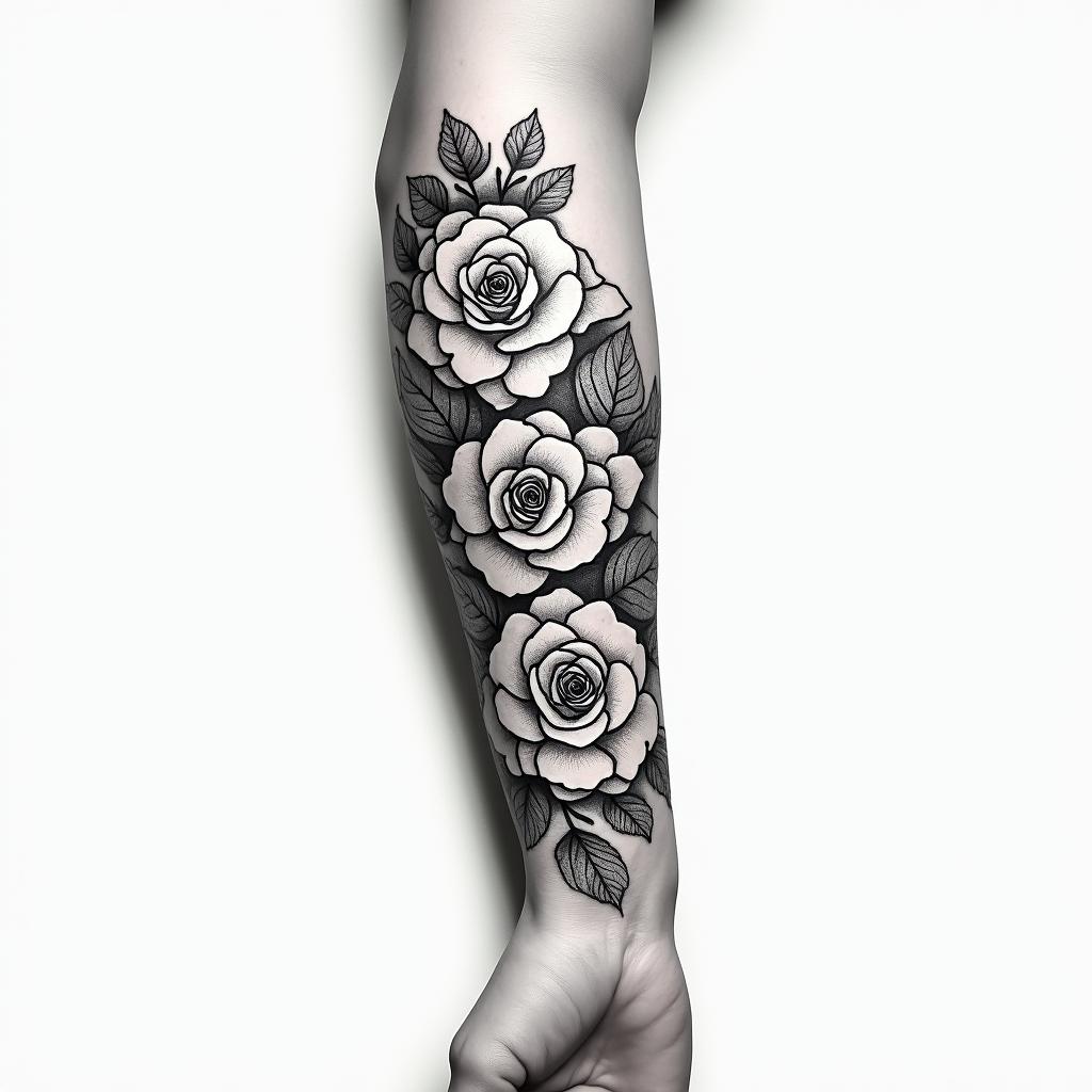 Forearm tattoo. With roses of different sizes but not too big. Thin lines.in bohemian style tattoo, 8k