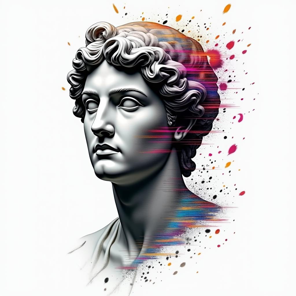 The mind chasing freedom while the heart chases lifein distorted and fragmented tattoo design, featuring a classical statue bust, in a glitch art style with vibrant, overlapping colors of cyan, magenta, and yellow, creating a digital distortion effect