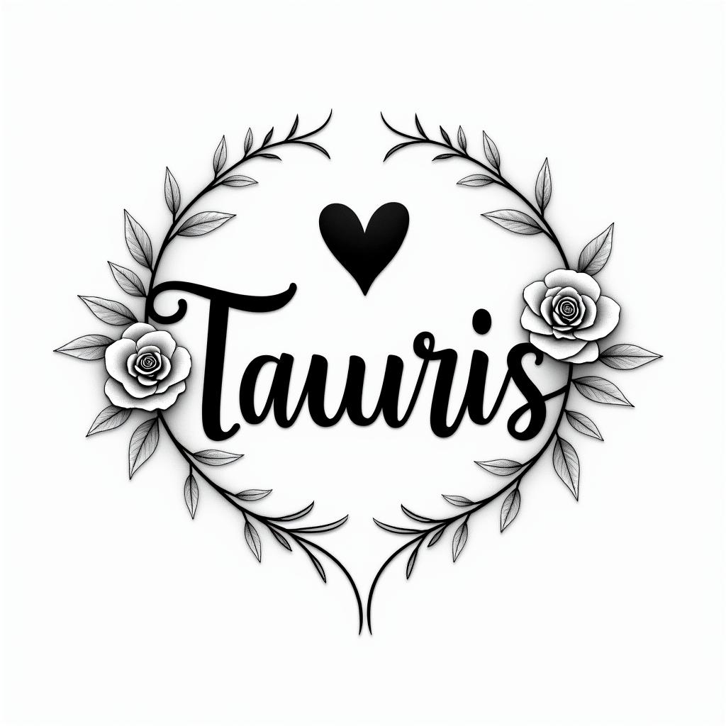 Taurus and Scorpioin elegant cursive calligraphy style 2d tattoo, decorate with roses, featuring a smooth and flowing handwritten script with slightly thickened strokes for a luxurious and bold appearance,  heart symbol between names,  sleek and glossy black text with shadowing, minimalist matte white background, clean and sharp edges, illuminated with soft lighting, romantic, 8k, high-quality textures with refined typography - Variation 4