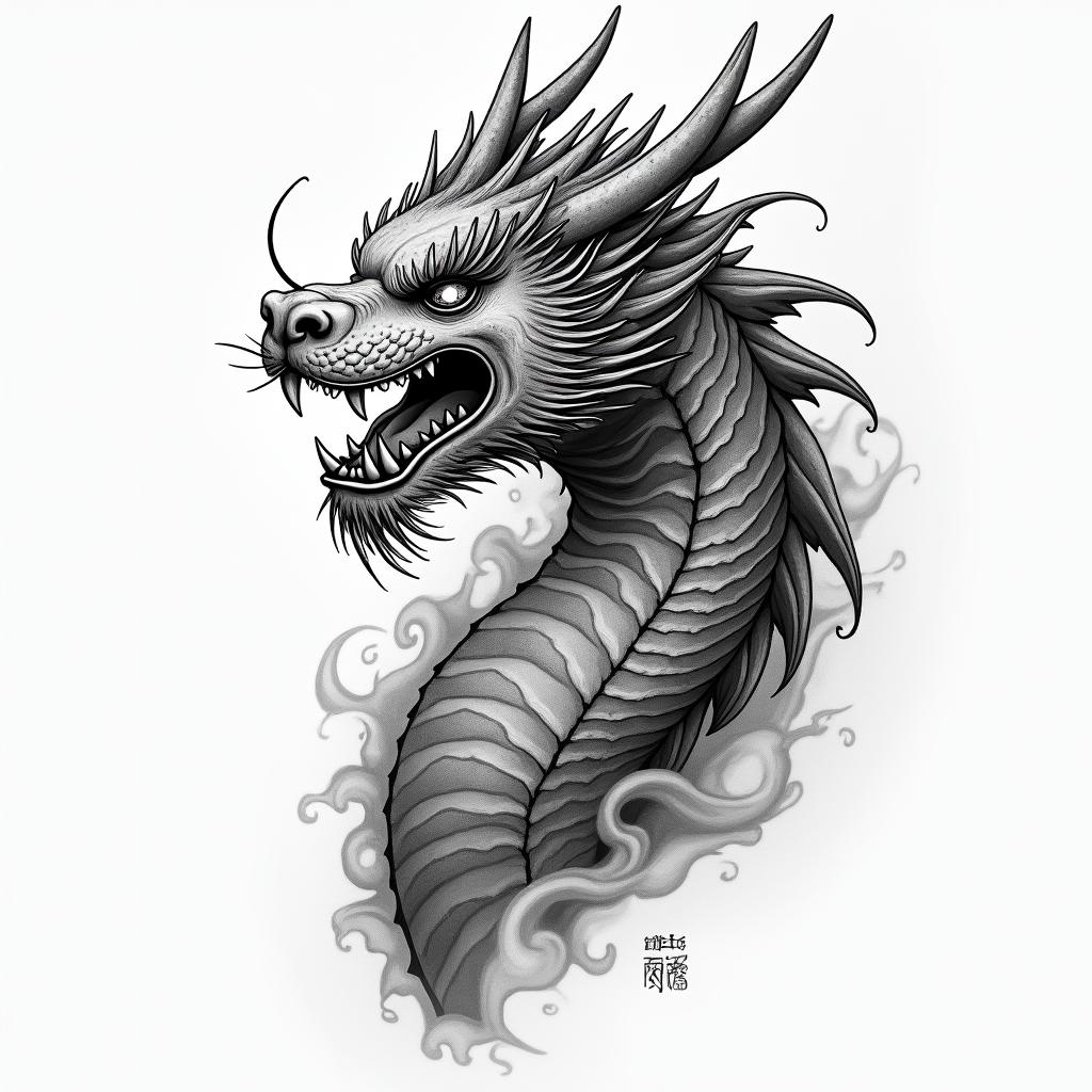 Melancholic ambiancein japanese style tattoo, detailed tattoo, traditional japanese culture tattoo, mythology, 8k - Variation 3