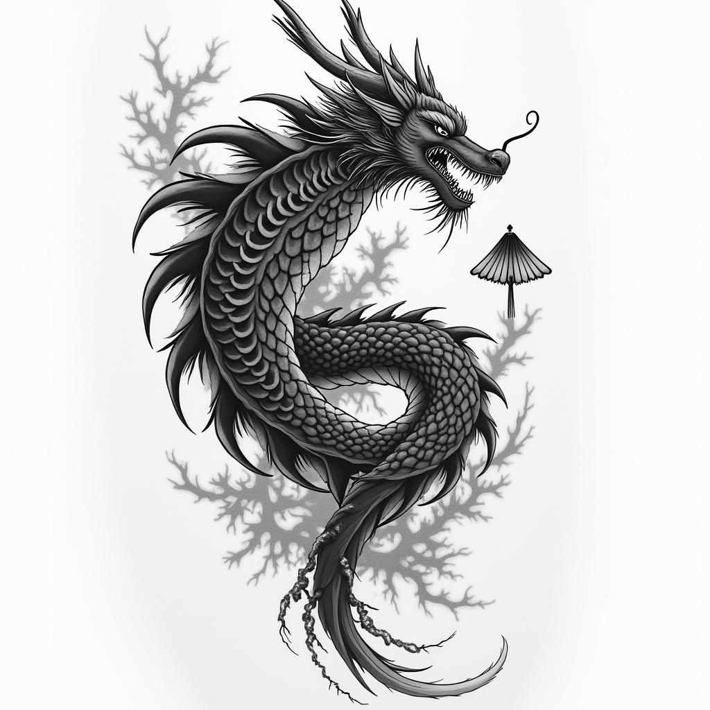 Melancholic ambiancein japanese style tattoo, detailed tattoo, traditional japanese culture tattoo, mythology, 8k - Variation 4