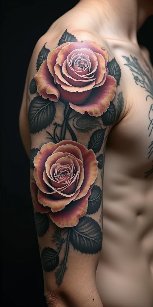 Two rosesin realism tattoo style, featuring a highly detailed, lifelike, capturing every detail, photorealistic, ultra realistic, intricate shading, smooth and sharp,   - Variation 3