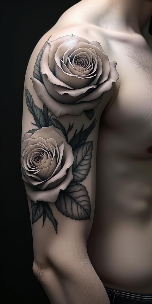 Two rosesin realism tattoo style, featuring a highly detailed, lifelike, capturing every detail, photorealistic, ultra realistic, intricate shading, smooth and sharp,  