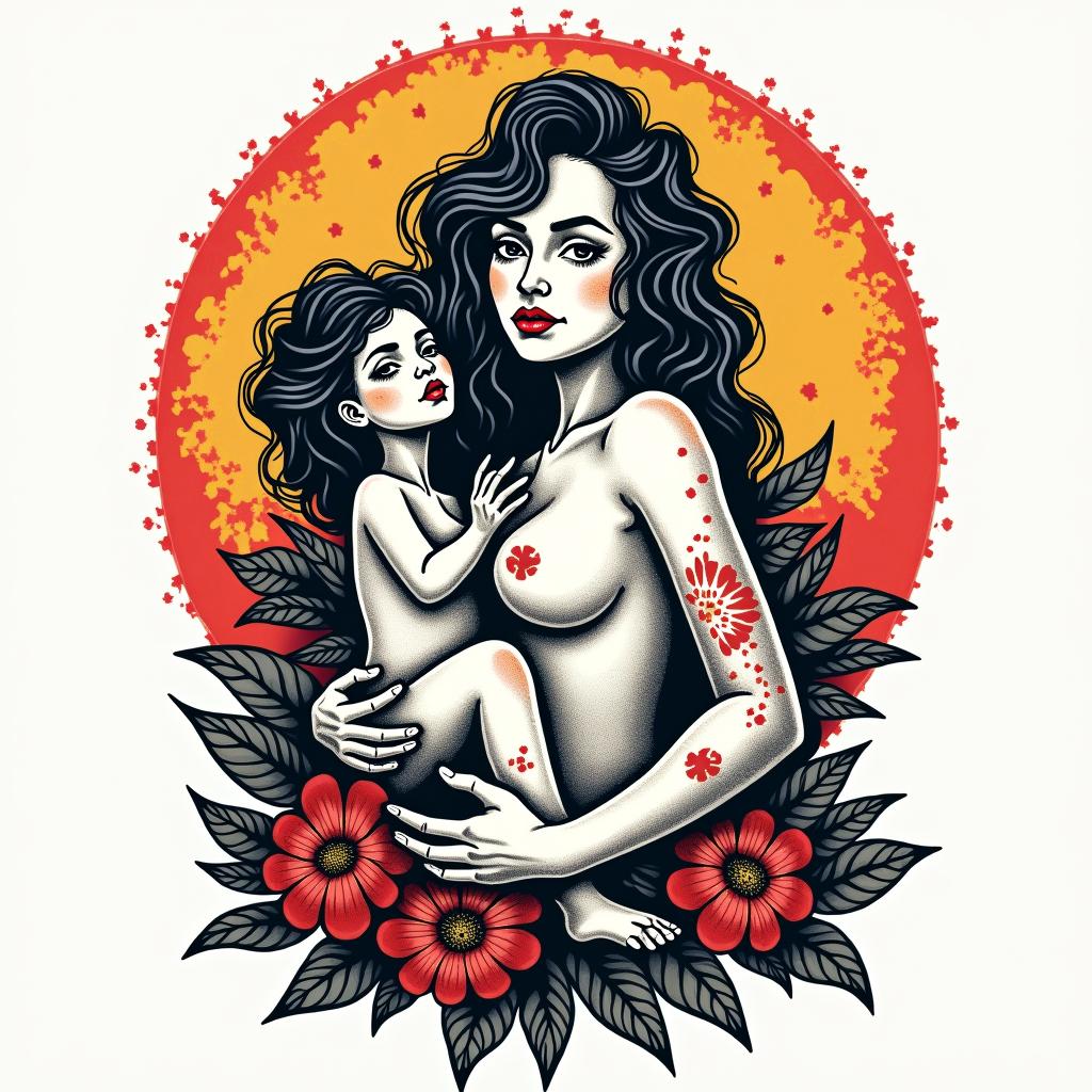 Birth, Mother Earth, photography, doulain pop art style tattoo, featuring bold and vibrant colors, exaggerated outlines, iconic imagery, inspired by comic books and speech bubbles, comic book characters, retro pop culture - Variation 2