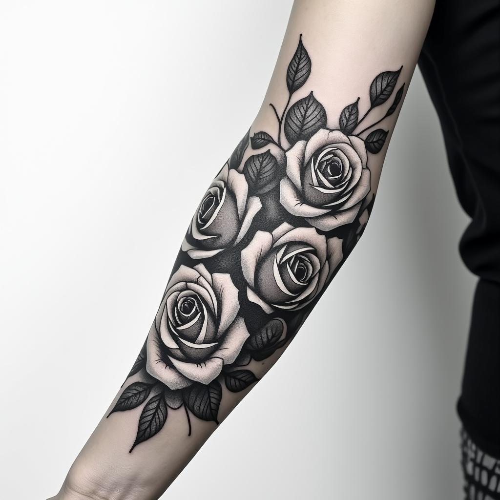 Forearm tattoo. With roses of different sizes but not too big. Fine lines.in realism tattoo style, featuring a highly detailed, lifelike, capturing every detail, photorealistic, ultra realistic, intricate shading, smooth and sharp,   - Variation 4