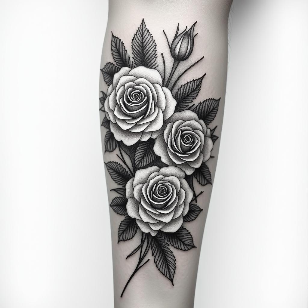Forearm tattoo. With roses of different sizes but not too big. Fine lines.in realism tattoo style, featuring a highly detailed, lifelike, capturing every detail, photorealistic, ultra realistic, intricate shading, smooth and sharp,   - Variation 2