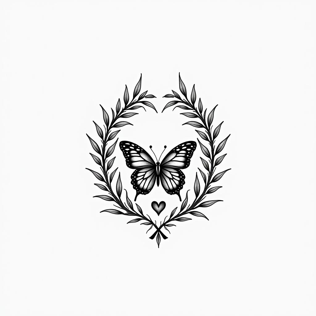 Bracelet floral, vine, butterflyin Modest style tattoo, featuring soft, delicate line work with simple and meaningful symbols, gentle waves, a heart, evoking a sense of serenity and grace, - Variation 2