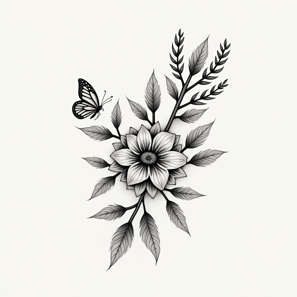 Bracelet floral, vine, butterflyin Modest style tattoo, featuring soft, delicate line work with simple and meaningful symbols, gentle waves, a heart, evoking a sense of serenity and grace, - Variation 3