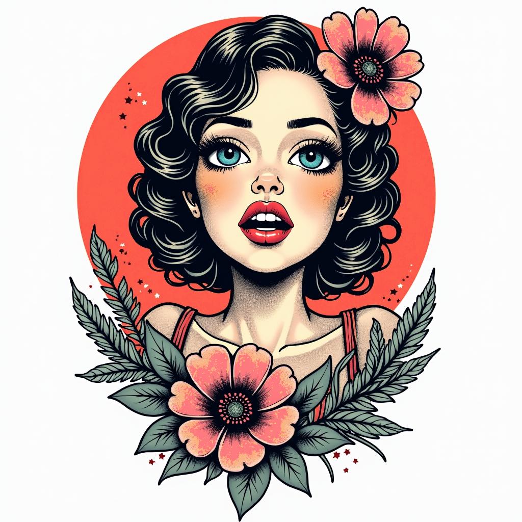 Paty, Gemini, 3 children, marriedin pop art style tattoo, featuring bold and vibrant colors, exaggerated outlines, iconic imagery, inspired by comic books and speech bubbles, comic book characters, retro pop culture