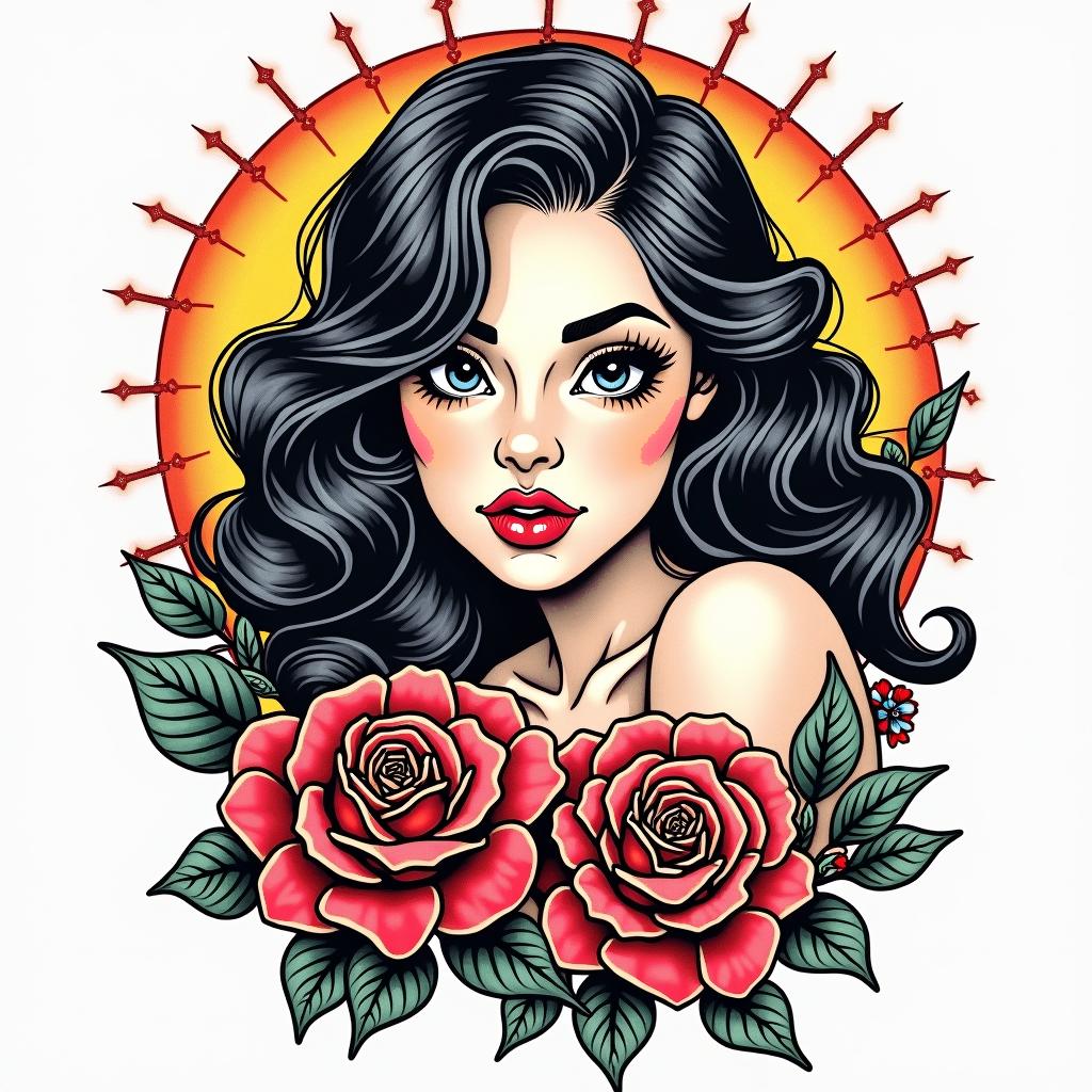 Paty, Gemini, 3 children, marriedin pop art style tattoo, featuring bold and vibrant colors, exaggerated outlines, iconic imagery, inspired by comic books and speech bubbles, comic book characters, retro pop culture - Variation 2