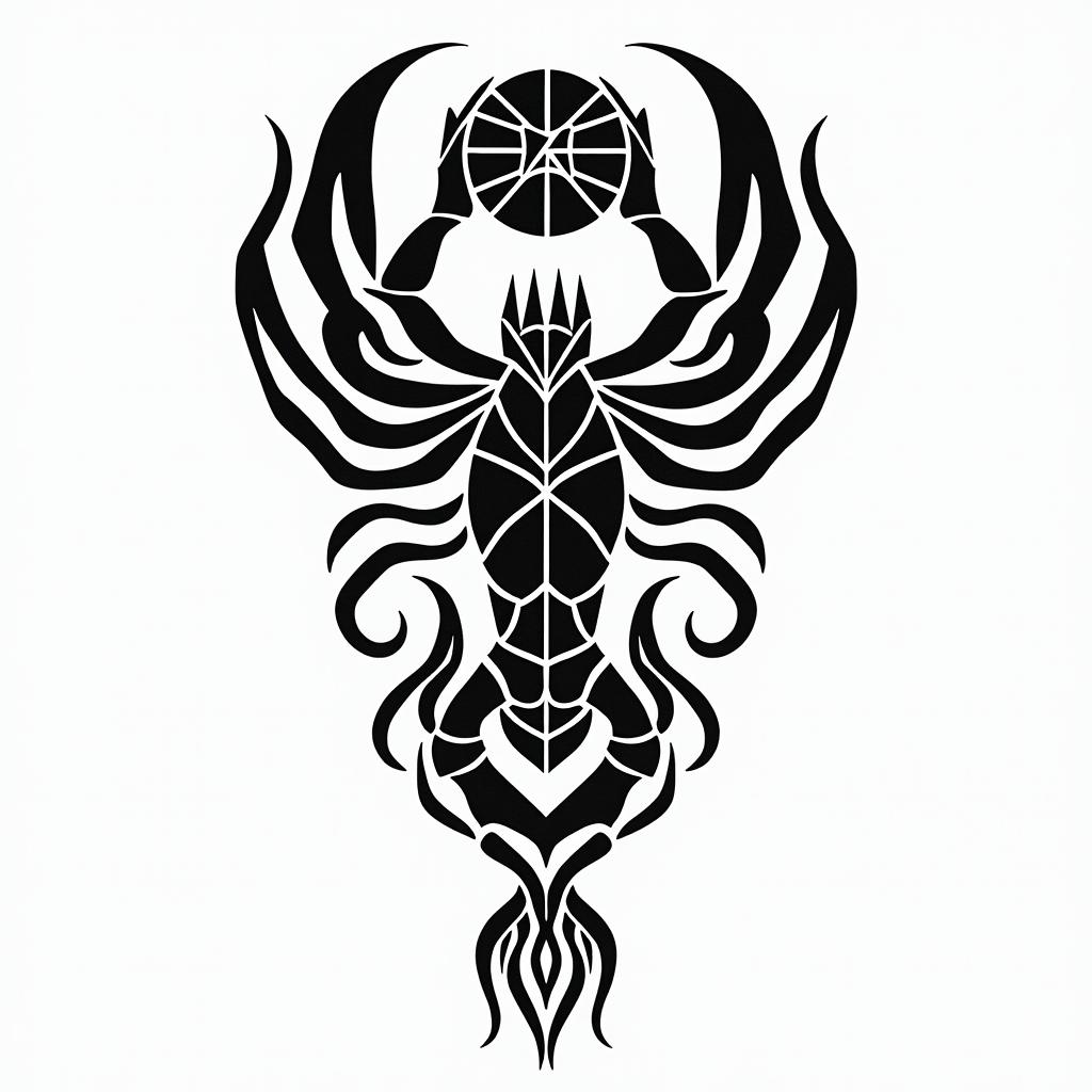 Scorpio, basketball, miniosin tribal tattoo style, featuring bold and black geometric shapes, curved lines, intertwine and flow seamlessly, creating a powerful and symbolic design, polynesian and maori styles