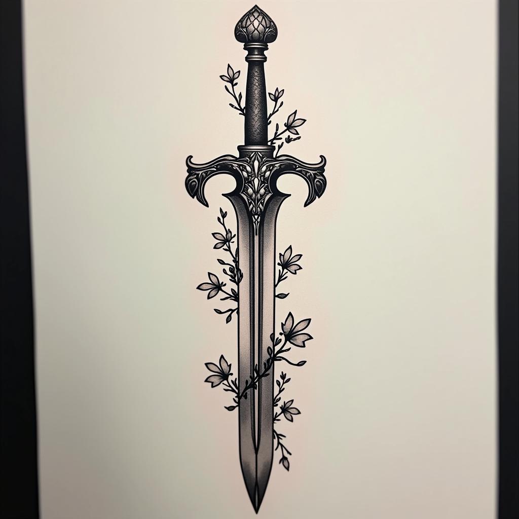 An artistic tattoo of a sword with a beautifully designed handle, incorporating elements like flowers and vines to give it a bold yet delicate look.undefined