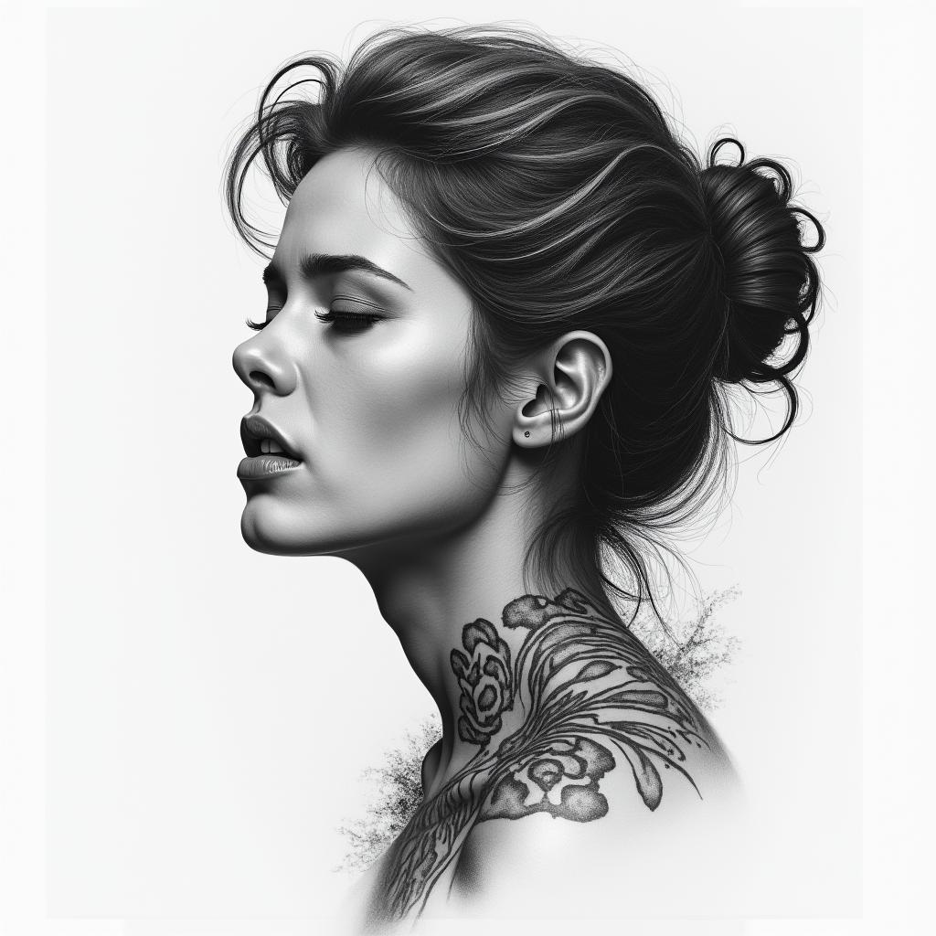 A woman with a sad past full of pain and now happy.higly detailed tattoo - Variation 4